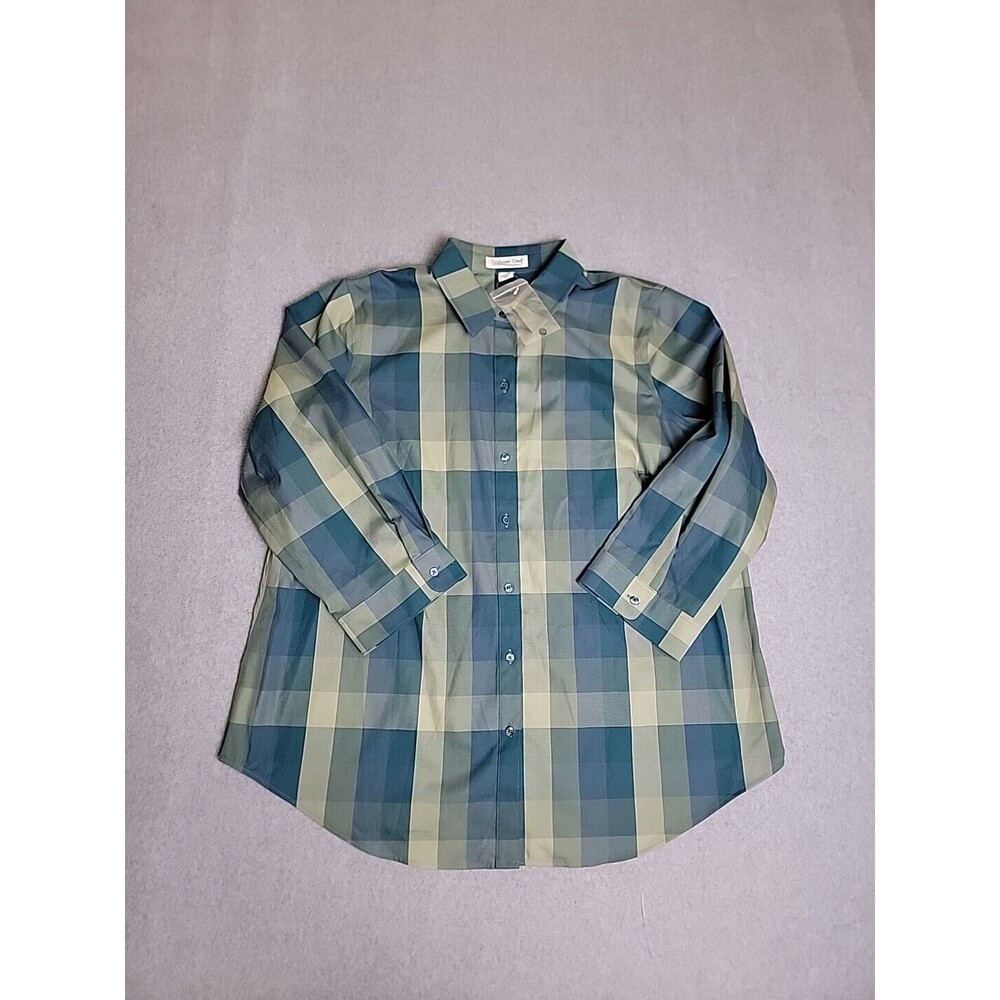 Coldwater Creek Womens 18W Button Green Blue Plaid Lightweight Cotton‎ Party